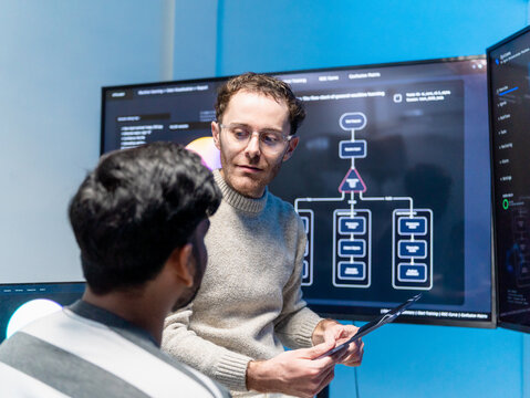 Software engineering use computer working develop AI office are assisting algorithm systems or verifying code. Programmer teamwork using artificial intelligence on laptop analysis or writing coding