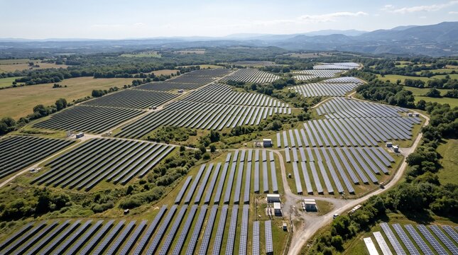 Ultra-realistic aerial photograph of a large solar energy farm covering rolling countryside, thousands of photovoltaic panels arranged in precise parallel rows, green vegetation between sections, brig