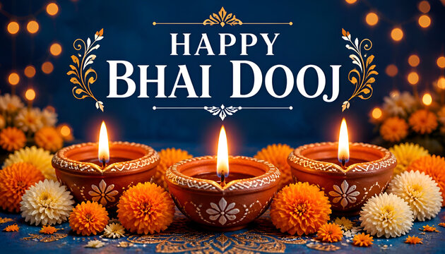 Three lit diyas on teal background with Happy Bhai Dooj text lamp light