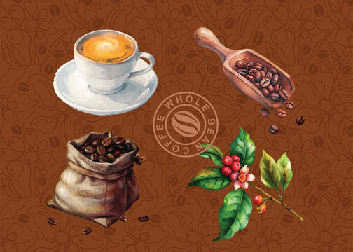 Vintage Coffee Illustration with Roasted Beans, Coffee Cup and Botanical Red Berries on Brown Patterned Background