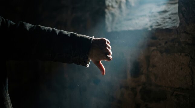 A hand giving a thumbs down gesture illuminated by a dramatic shaft of light in a dark rough hewn interior