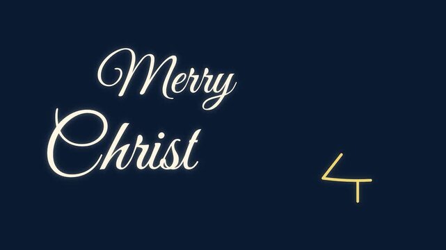 Merry Christmas lettering typography animation on festive winter holiday background with minimalist gold tree outline design for seasonal celebration greeting card template using elegant handwriting
