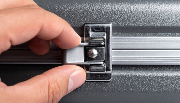 Securing the Case: A close-up shot captures a hand carefully manipulating the clasp of a briefcase, suggesting travel, business, or the safekeeping of important contents.