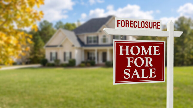 Housing yard front sale sign showing foreclosure notice beside suburban home. Real estate property residential home estate dwelling. agent broker, ownership sale selling
