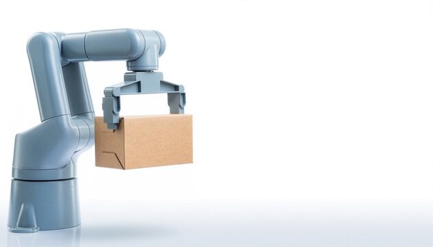 Automated industrial robotic arm holding a cardboard box package, isolated on a clean white background with copy space, representing modern logistics and smart warehouse solutions.