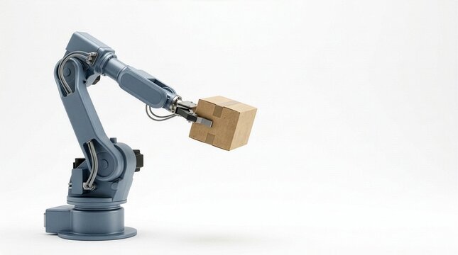 Industrial robotic arm gripper holding a brown cardboard box, isolated on a bright white background with text space, showcasing logistics automation and modern factory technology.