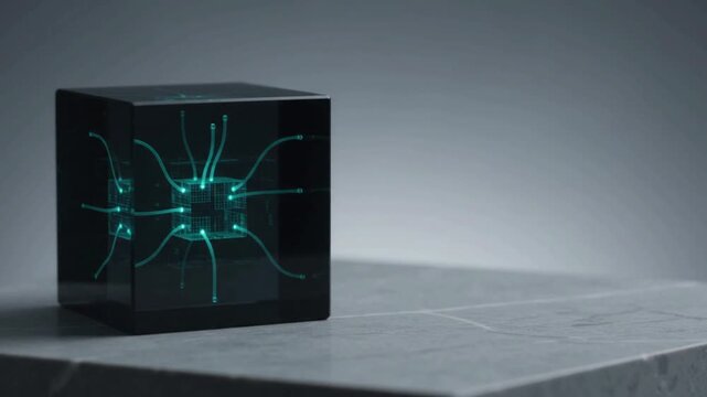Dark monolithic semiconductor processor with pulsating microscopic bioluminescent data pathways on stone pedestal with negative space for enterprise background.