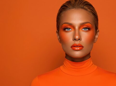Orange beauty portrait of blonde model with bold monochrome makeup