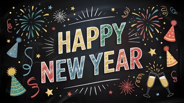 Happy new year greeting card design with colorful hand drawn lettering, fireworks, party hats, and champagne glasses on a black chalkboard background