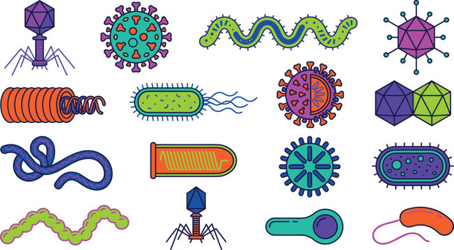 Microscopic virus and bacteria cells icons collection isolated on a clean white background