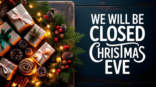 Holiday announcement banner with gifts, pine branches, lights, and text we will be closed christmas eve