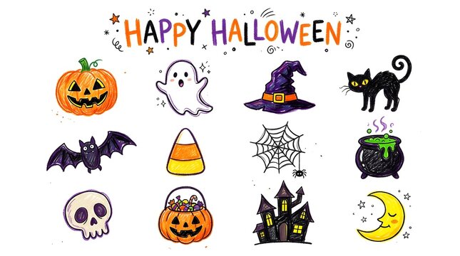 Set of cute handdrawn halloween elements including pumpkin, ghost, witch hat, cat, bat, candy corn, spider web, cauldron, skull, treat bucket, haunted house, moon