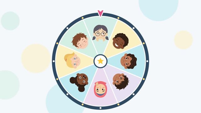Emotion spinner wheel for kids landing on worried with cute cartoon faces animation for social emotional learning lessons