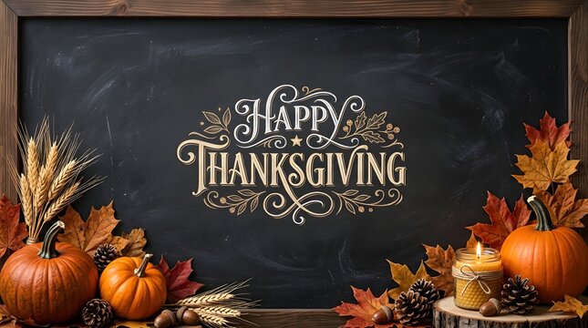 Happy thanksgiving calligraphic chalkboard sign framed with pumpkins, autumn leaves, wheat stalks, pine cones, and a burning candle