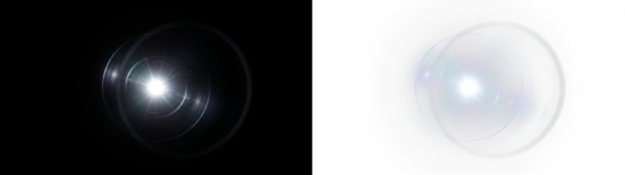 Camera lens flare effect with circular light reflections, glowing starburst, and dust particles, presented on black and inverted transparent backgrounds for overlay composition