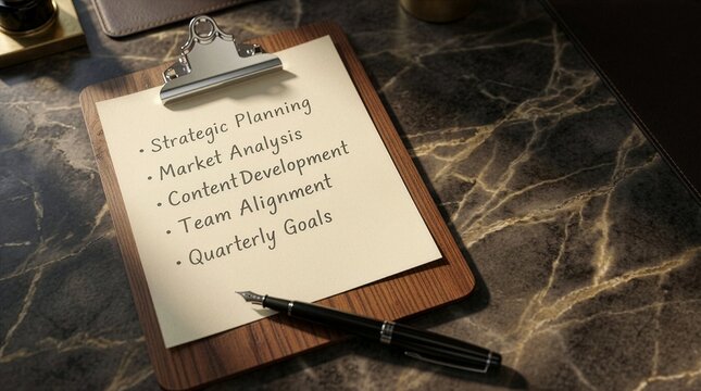 A corporate planning checklist on white paper attached to a wooden clipboard with an elegant fountain pen, placed on a dark marble desk surface under warm cinematic lighting.