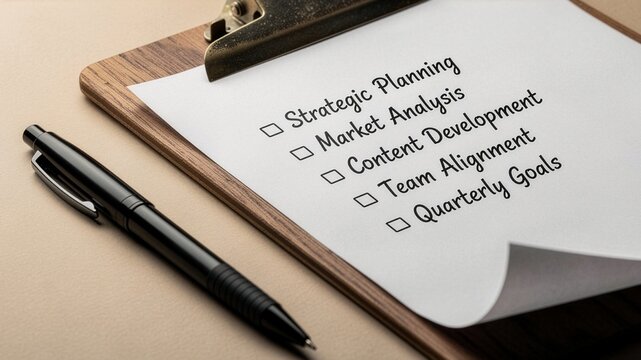 Close-up of a wooden clipboard with a business checklist on curled white paper next to a black pen, illustrating strategic planning, corporate goals, and project management.