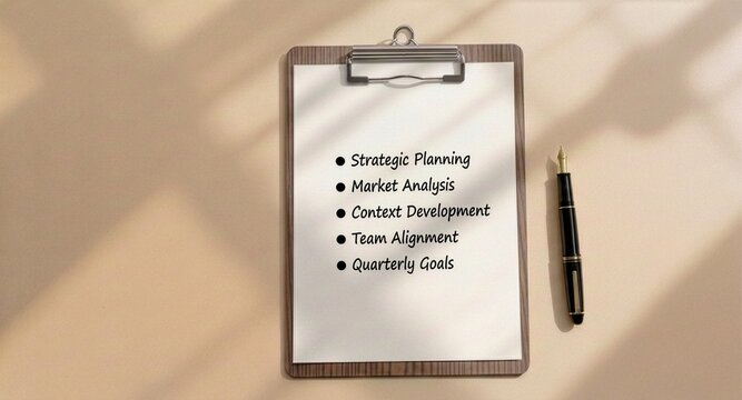 A corporate strategy checklist on white paper held by a wooden clipboard next to an elegant black fountain pen, isolated on a beige background with soft minimalist window shadows.