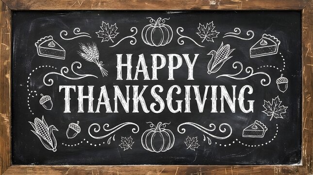 Happy thanksgiving chalkboard sign with handdrawn illustrations of pumpkins, autumn leaves, corn, and pie slices for holiday celebration and seasonal decor