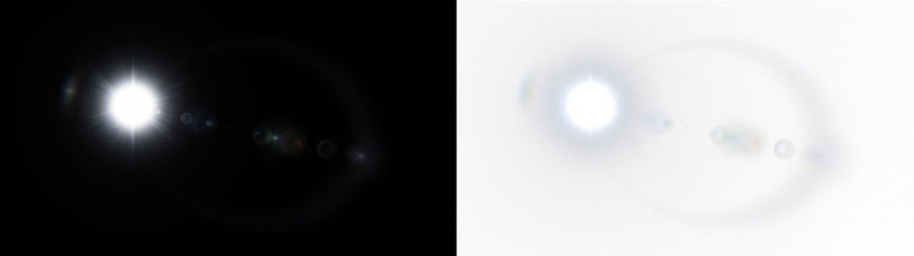 Bright lens flare effect with starburst light rays shine glow optical reflection and bokeh circles over dark and light background for overlay asset design element isolated on transparent background