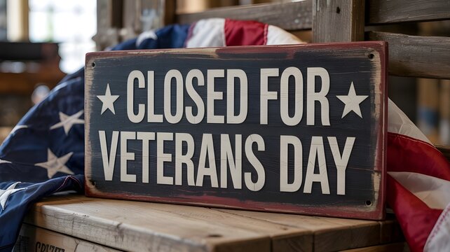 A rustic wooden sign reading closed for veterans day, positioned on a wooden surface with an american flag draped in the background, symbolizing patriotic observance