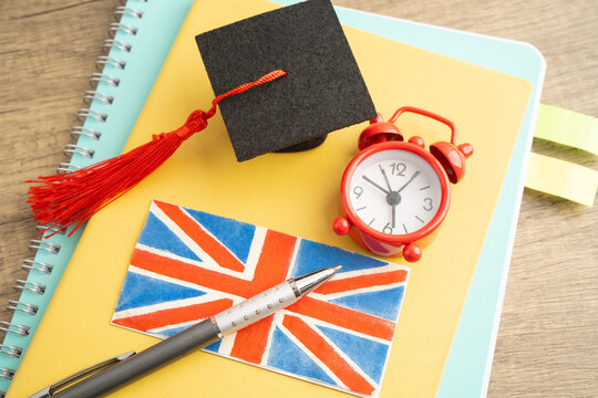 Time to learn English language, book with uk flag.