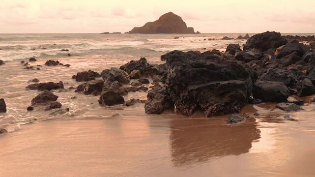 Waves Breaking on the Red Sand Of Koki Beach With Alau Island in the Distance, Koki Beach Park, Hana, Maui, Hawaii, USA