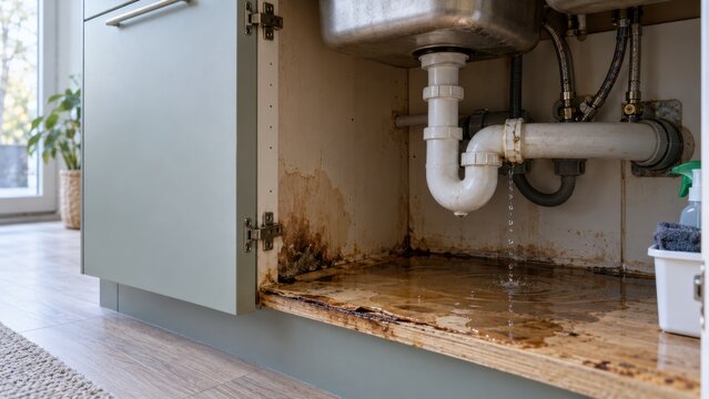 Leaking Kitchen Sink Pipe Causes Water Damage Inside Wooden Cabinet