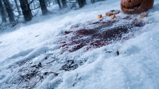 Snow Horror Winter Background Featuring a Disturbing Crimson Stain Across a Snow Covered Forest Path