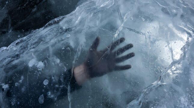 Frozen Winter Horror Background with a Terrifying Human Hand Trapped Beneath Thick Ice During a Snowstorm