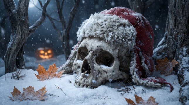 Creepy Winter Horror Background with a Snow Covered Human Skull Wearing a Red Santa Hat Among Frozen Trees