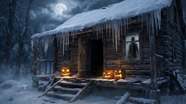 Snow Horror Winter Background with a Haunted Wooden Cabin, Glowing Jack O Lanterns and Frozen Icicles at Night