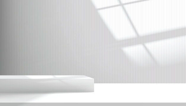 Background white studio wall with window shadow and soft light, gray vertical line texture, empty podium platform on floor for product display, minimalist interior mockup, spring and summer banner.