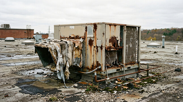 An old, severely rusted industrial HVAC unit stands on a weathered flat commercial rooftop under a gray overcast sky, featuring damaged ductwork, peeling paint, and aged mechanical components.