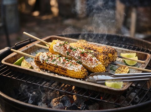Grilled Mexican street corn elotes with mayonnaise cotija cheese chili and lime