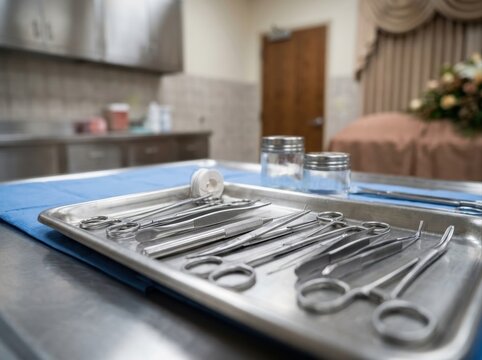 funeral embalming equipment tray Surgical instruments neatly arranged on a tray in a medical room.