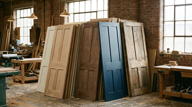 A stack of various wooden doors leaning against an exposed brick wall inside a bright carpenter workshop with large industrial windows, wooden workbenches, and sawdust scattered across the concrete