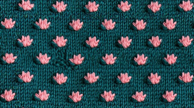 Teal knit texture with pink lotus flowers, zen seamless pattern
