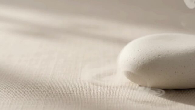Minimalist white ceramic stone with subtle morning mist drifting downward beside wide linen negative space for text and quiet luxury branding. concept video