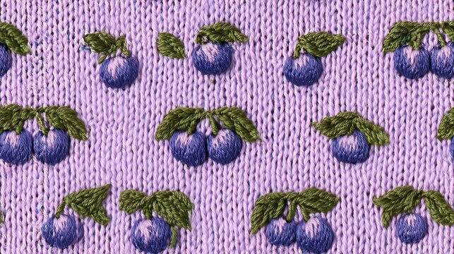 Soft purple knit texture with plums and leaves, fruit seamless pattern