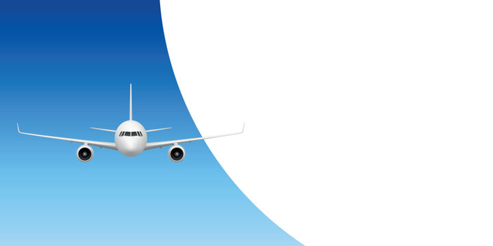 Airplane Travel Banner with Passenger Plane and Blue Sky. Airplane Travel Banner for Airline, Flight, Tourism and Vacation. Airplane Travel Banner Vector with 3d Commercial Aircraft and Copy Space