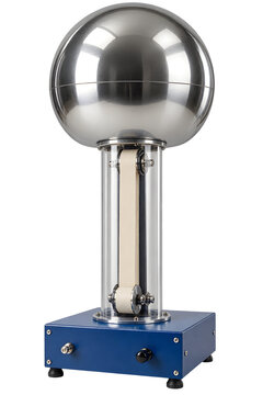 Vintage electrostatic generator with reflective metal sphere and blue base