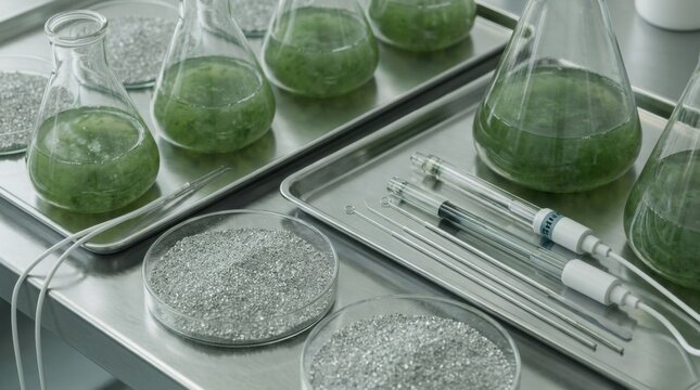 Biotechnology mineral extraction tools with bastnasite ore powder in glass petri dishes, microalgae flasks, pH electrode and platinum loops on steel laboratory bench, concept of green mining research