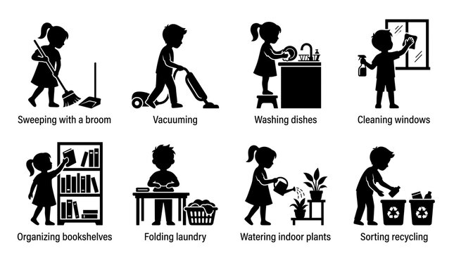 Domestic chores black silhouette icons, eight essential household tasks, children helping with daily home cleaning and organization, vector illustrations for educational and lifestyle content