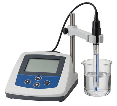 Digital laboratory acidity meter with electrode, beaker, and stand
