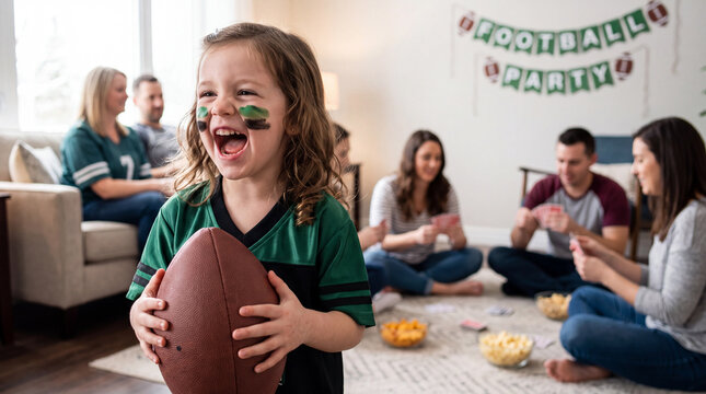 A playful girl with green and black face paint laughs while holding a football at a home football game party celebration with friends, fun sports marketing.