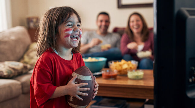 A cheerful girl with red and white face paint holds a football and laughs at a family football game party celebration at home, fun sports marketing.