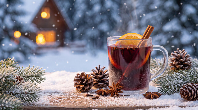 A clear glass mug of steaming mulled wine with spices sits on a snowy wooden plank, a warm festive Christmas winter holiday drink for cozy celebration marketing.
