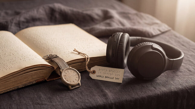 Braille book, watch and headphones on dark linen express World Braille Day awareness for visually impaired learning, inclusion and accessibility support.