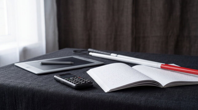Tactile phone, braille book, cane and slate on dark linen symbolize World Braille Day awareness for blind and visually impaired accessibility, inclusion and support.